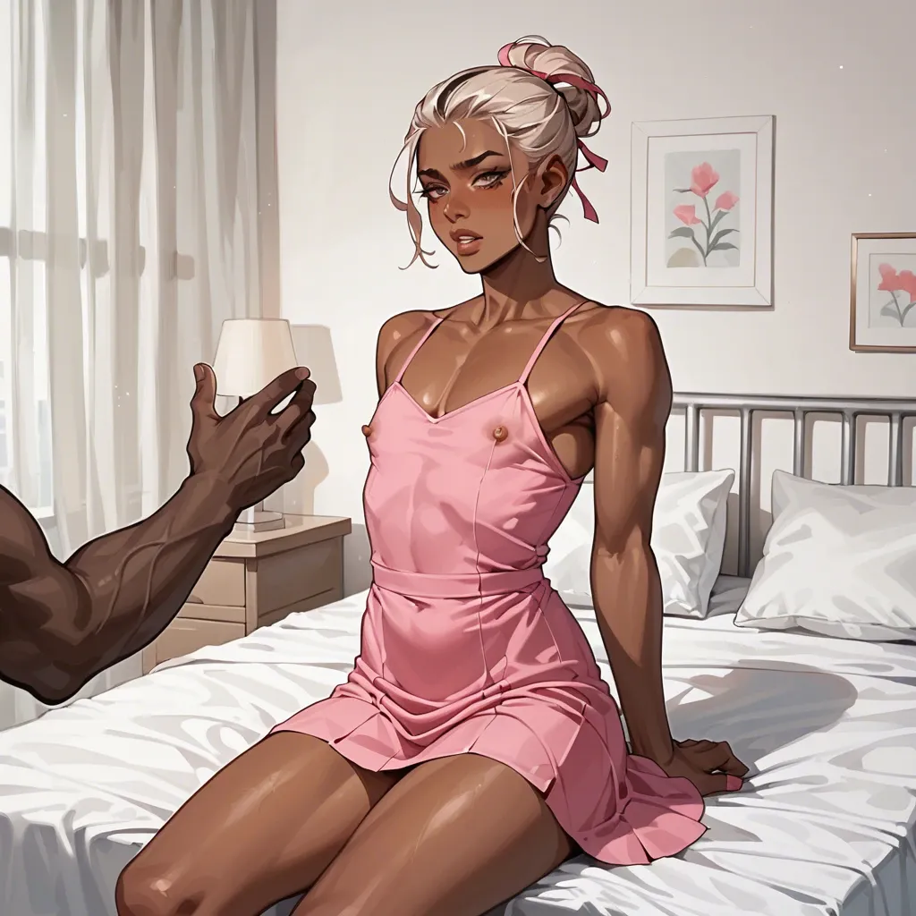 1girl, 2 boys, 1 femboy , , ,big tits, pink dress, anime, dark skinned male, white skinned femboy, femboy cuckold,  bed