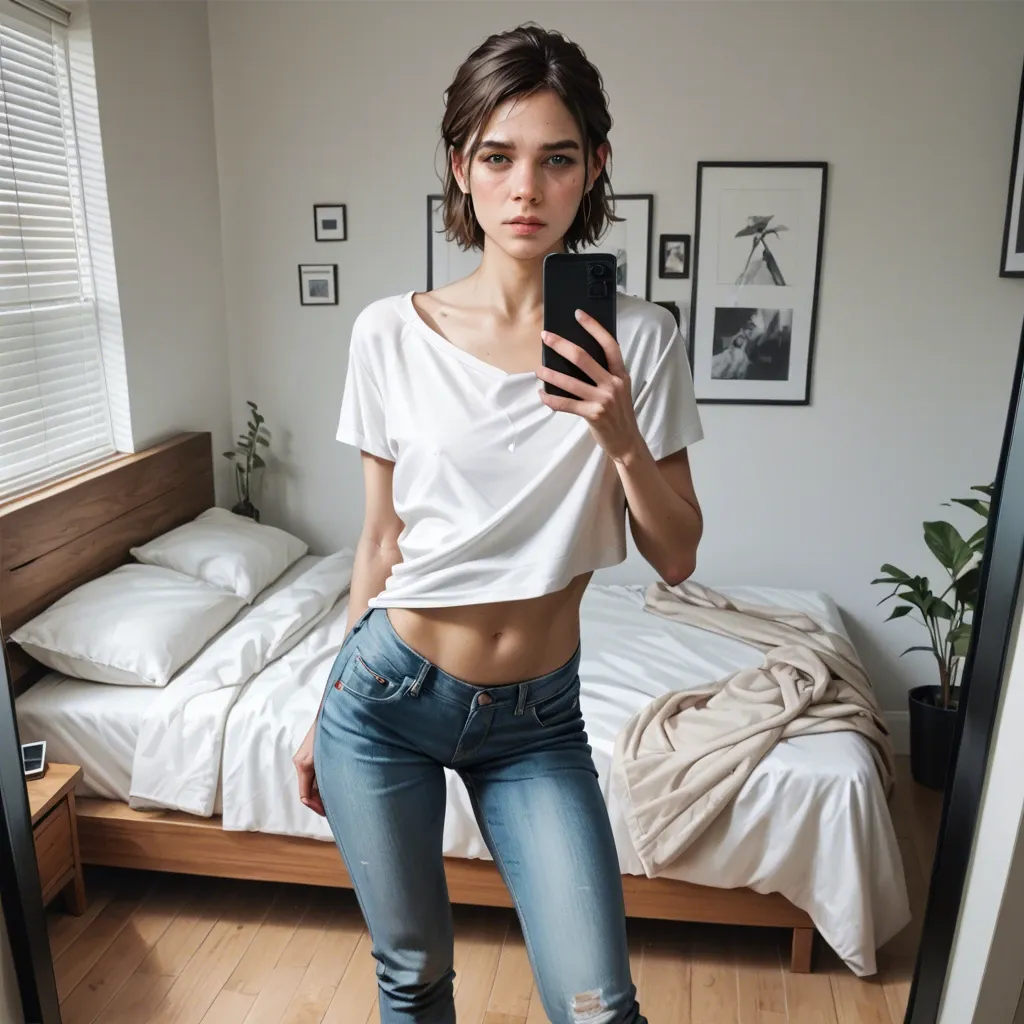 realistic,detailed,bedroom,ellie,youngfull,teeny,flat chest,skinny,petite,slim,dressed in oversized top shirt,tight jeans,standing selfie on phone