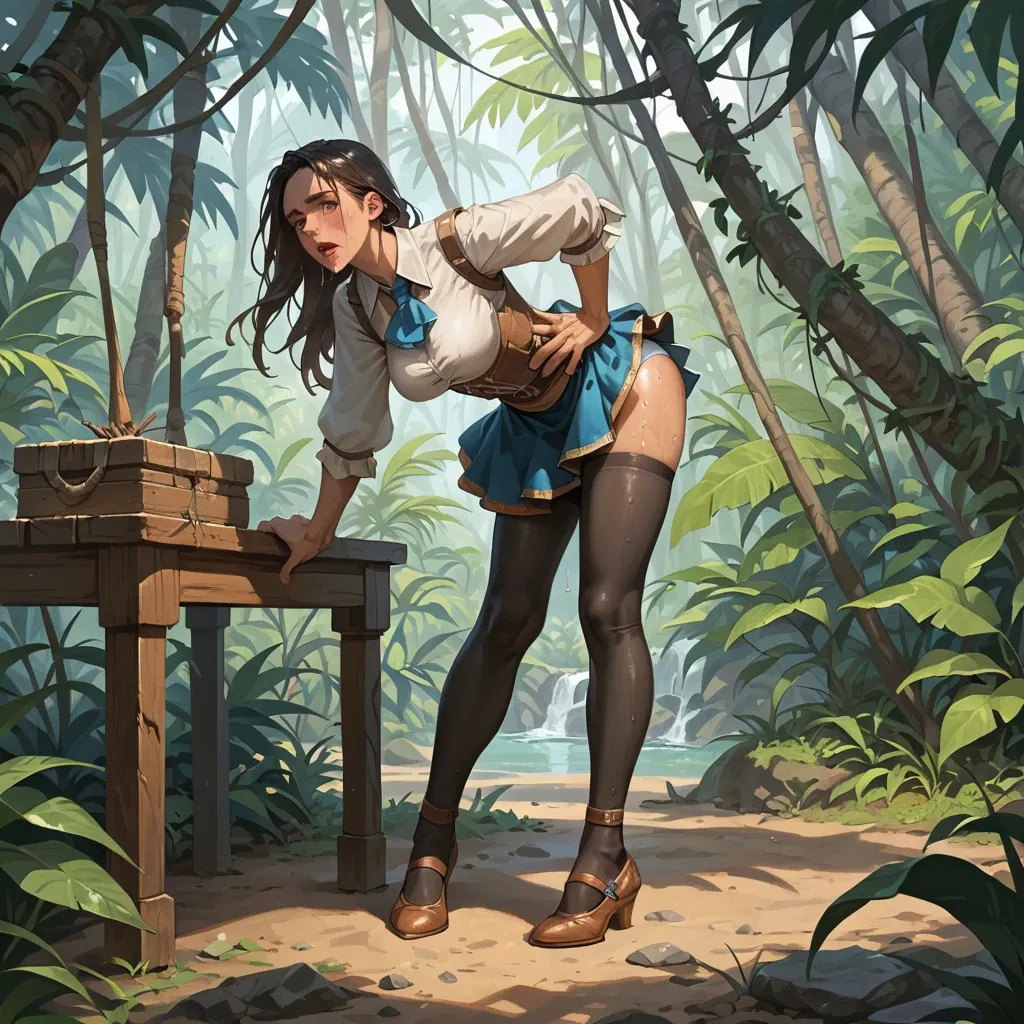 1girl,solo, , , , pupil,big hands,perky big tits,hands on hips,man standing, skirt,black leggings,strings,wet panties,ballet shoes, girl in jungle, medieval, bent over table, western cartoon, bright eyes