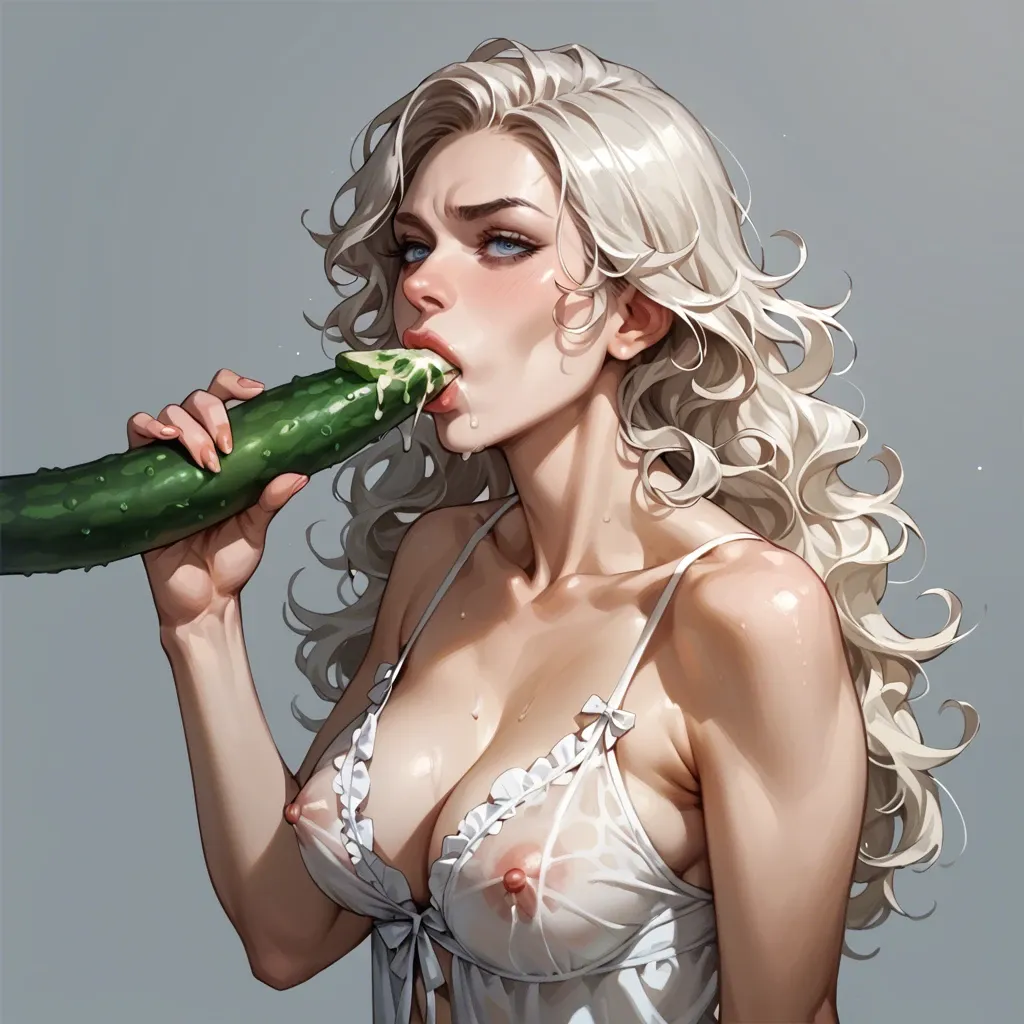 Pretty girl, dark blue eyes, platinum blonde curly long hair, F-cups breasts, nightgown, sucking cucumber