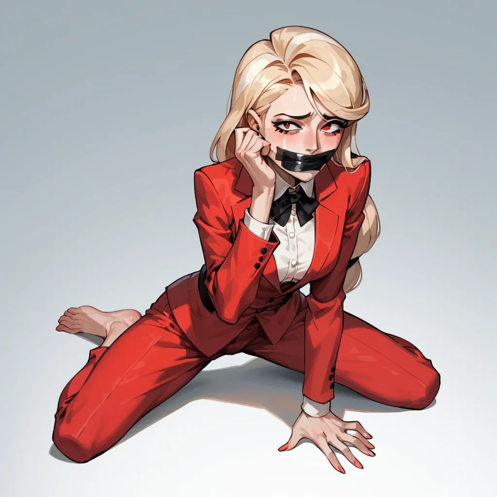 1girl, solo, Charlie Morningstar \(Hazbin Hotel\), red suit, red pants, barefoot, kneeled, hands up, head bowed, tape gagged, sad, ((front view))