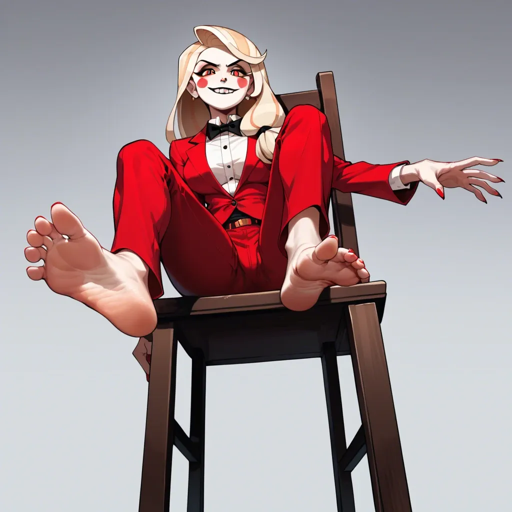 1girl, solo, Charlie Morningstar \(Hazbin Hotel\), red suit, red pants, barefoot, sitting on chair, showing feet, looking at viewer, evil look, soles focus, ((from below))