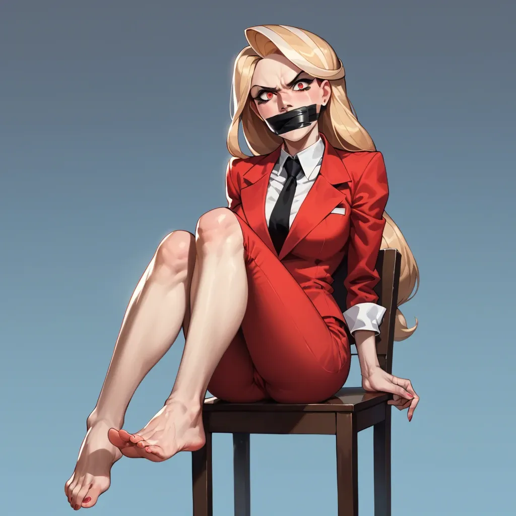 1girl, solo, Charlie Morningstar \(Hazbin Hotel\), red suit, red pants, barefoot, sitting on chair, tape gagged, hands holding gag, looking at viewer, angry, soles focus, ((front view))