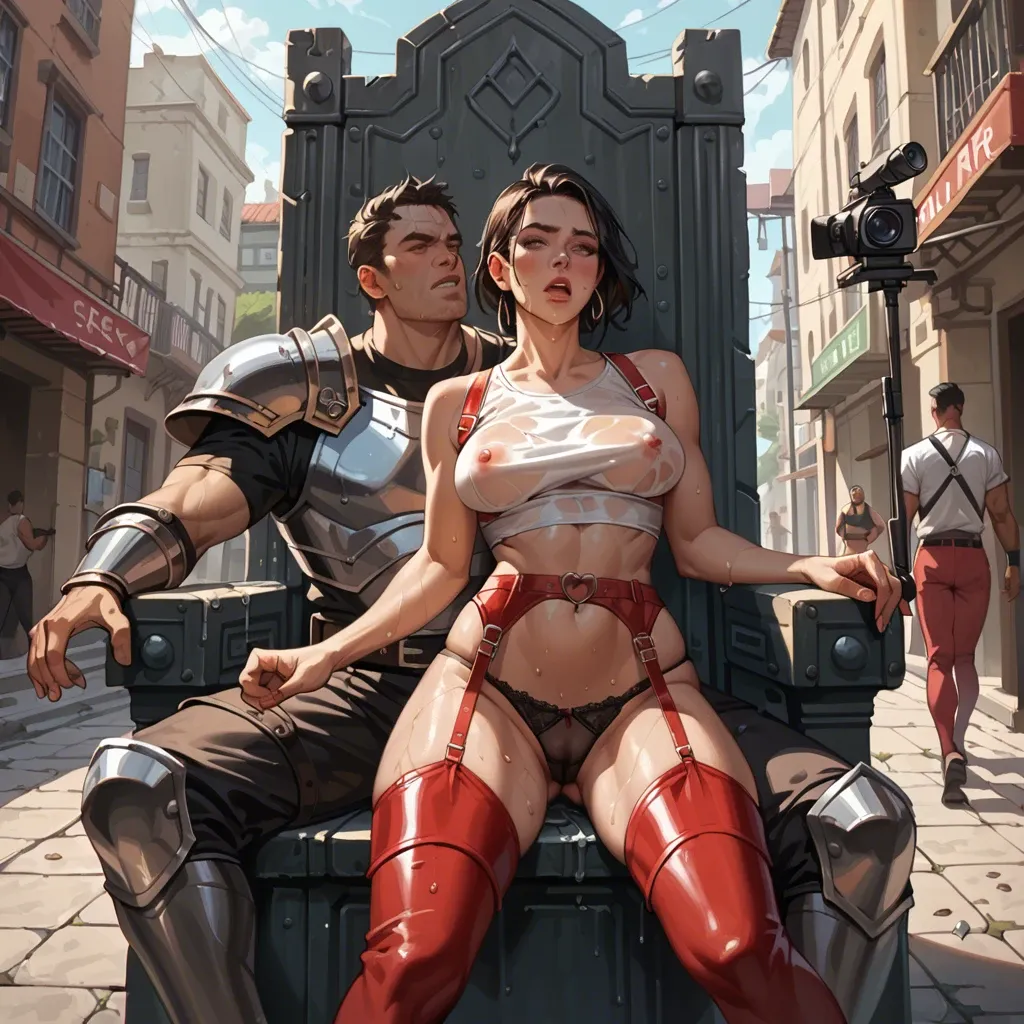 1girl,1boy, , , , cheeks,armour,round boobs,breast focus,off shoulders, wet shirt,red thighhighs,suspender belt,hand on panties,thigh boots, in a gym, alleyway, throne, candid camera, spider-gwen, waifu futa cock