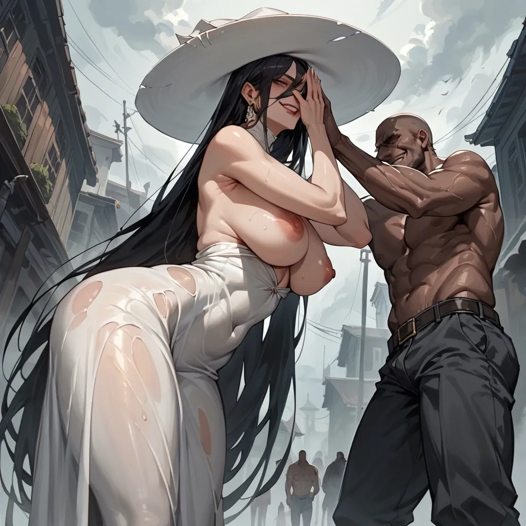 1 boy, 1 woman, very tall woman, long white dress, big white hat covering face, extremely long dark hair, extremely enormous tits, very wide hips, dark street, fog, exposed nipples, evil smile, topless, low angle side view, bent over, dripping pussy, asshole agape, young boy fucking her ass, woman taller than boy