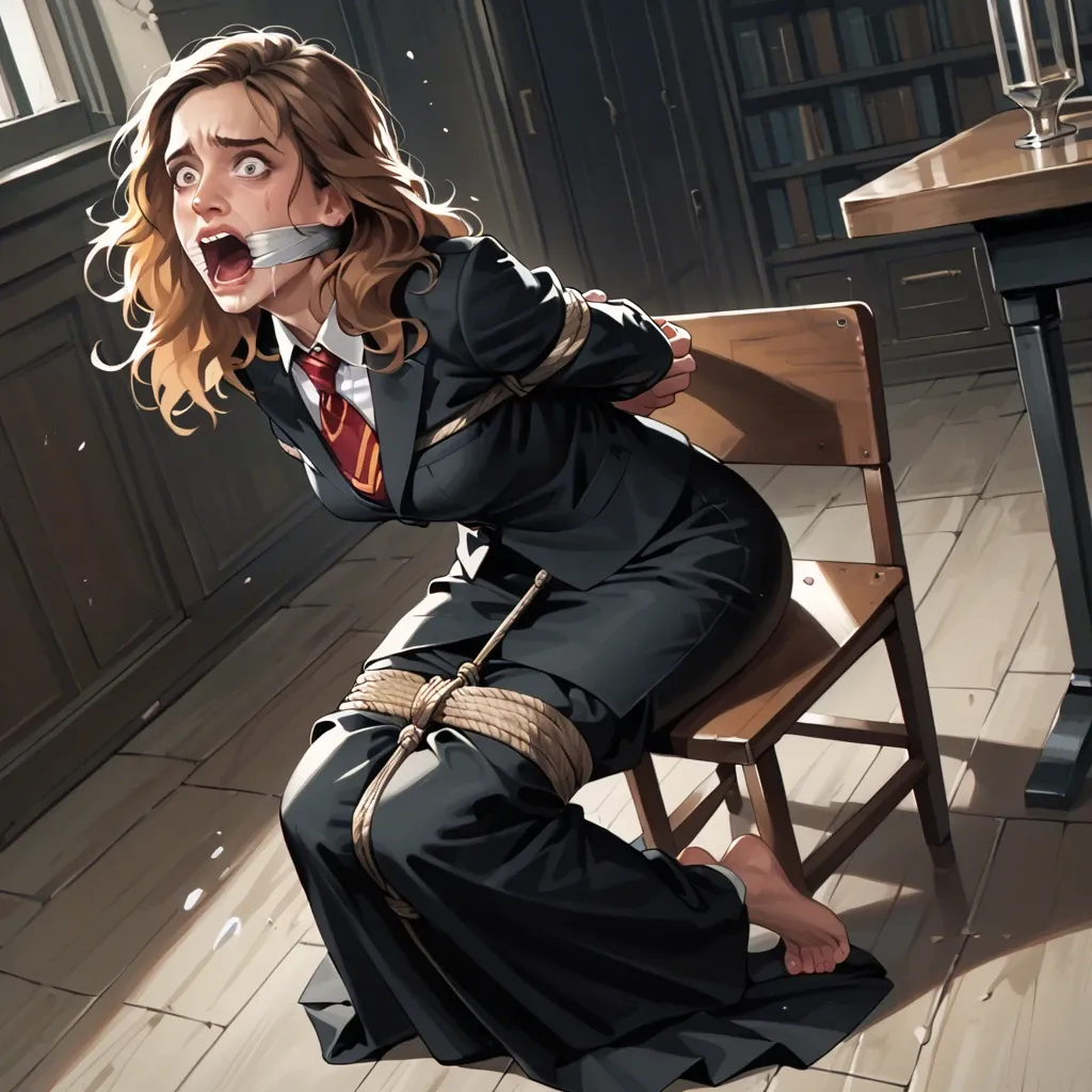 1girl, solo, Hermione Granger, black suit, long skirt, no shoes, sitting on chair, rope bondage, hogtied, ball gagged, shocked, screaming, ((face view))