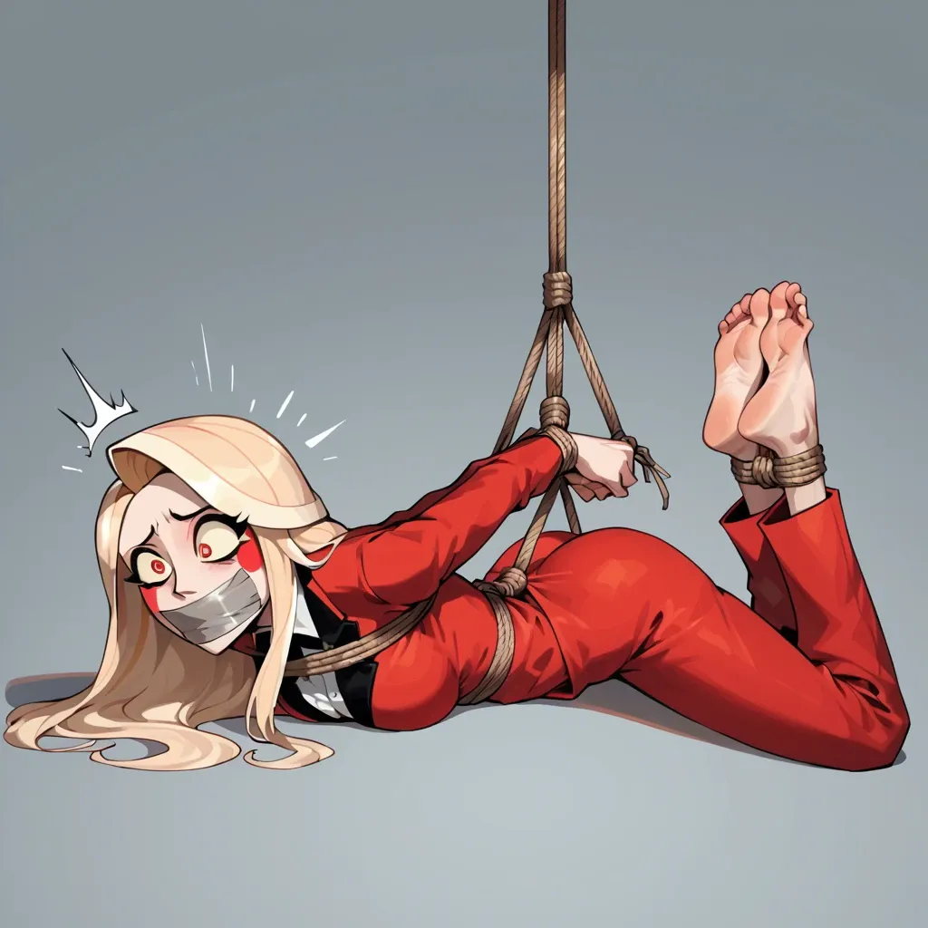 1girl, solo, Charlie Morningstar \(Hazbin Hotel\), red suit, red pants, barefoot, laying on stomach, rope bondage, hogtied, hands behind the back, tape gagged, shocked, screaming, ((face view))