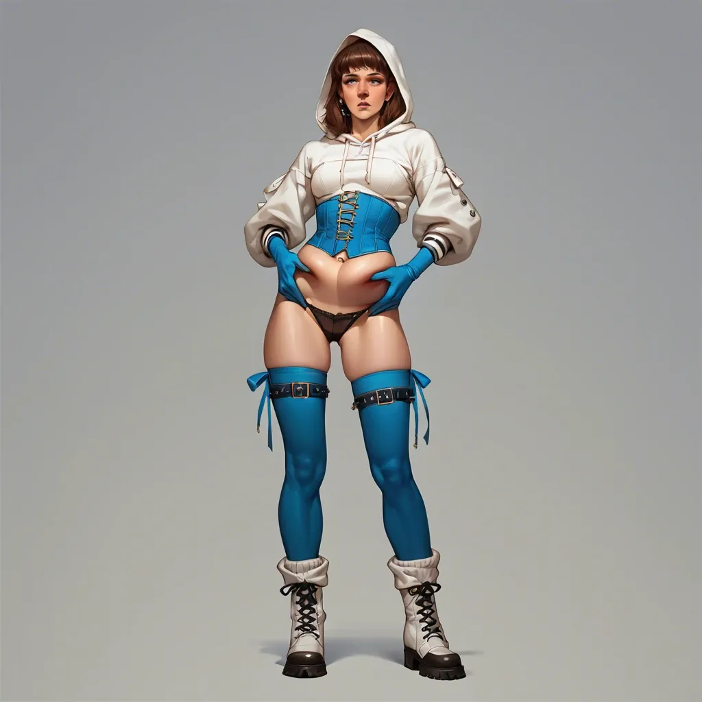 1girl,solo, , , , high nose,leg warmers,big perky boobs,belly grab,elbows, lift dress up,blue stockings,belts,corset piercing,white boots, hoodie,socks,elbow gloves,black panties,no shoes, bathroom stall, spaceship, android 18, detailed cock, dark studio, tifa lockhart, rapunzel waifu, ariel waifu, gagging, sloppy, Deep throat