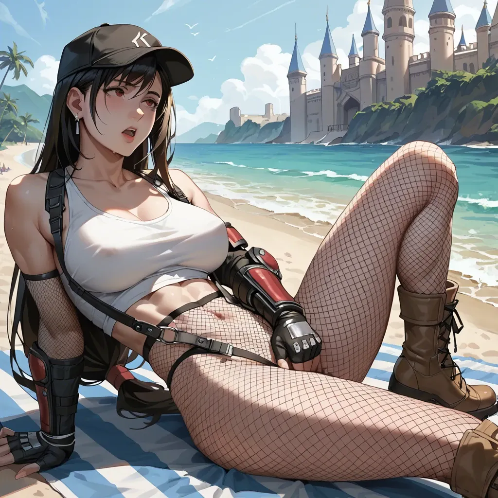 1girl,1boy, , , , eye catching,one-handed,round boobs,waist,wrists bound, white tank top,fishnet sleeve,cap,mesh bodysuit,brown boots, palace bedroom, beach, cyberpunk, tifa, moana, waifu