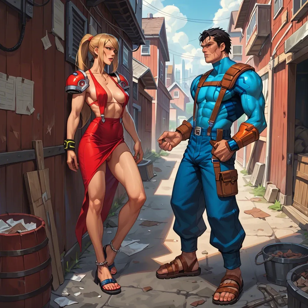 1girl,1boy, , , , scar across eye,monster feet,perky breasts,hip thrusts,shoulder pads, red dress,anklets,suspenders,bikini up,strappy sandals, barn background, alley, spaceship, samus, ariel waifu