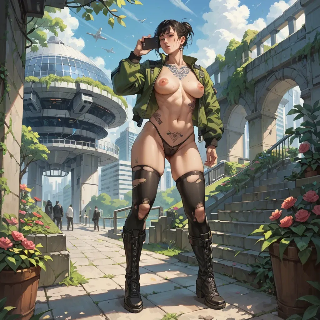 1girl,solo, , , , perfect nose,foot,erected nipples,breast tattoos,standing male, open jacket,knee socks,hand on panties,torn bodysuit,knee boots, royal bedroom, outdoor garden, spaceship, phone screen, anime, studio lighting, tifa lockhart, ariel, asuka langley