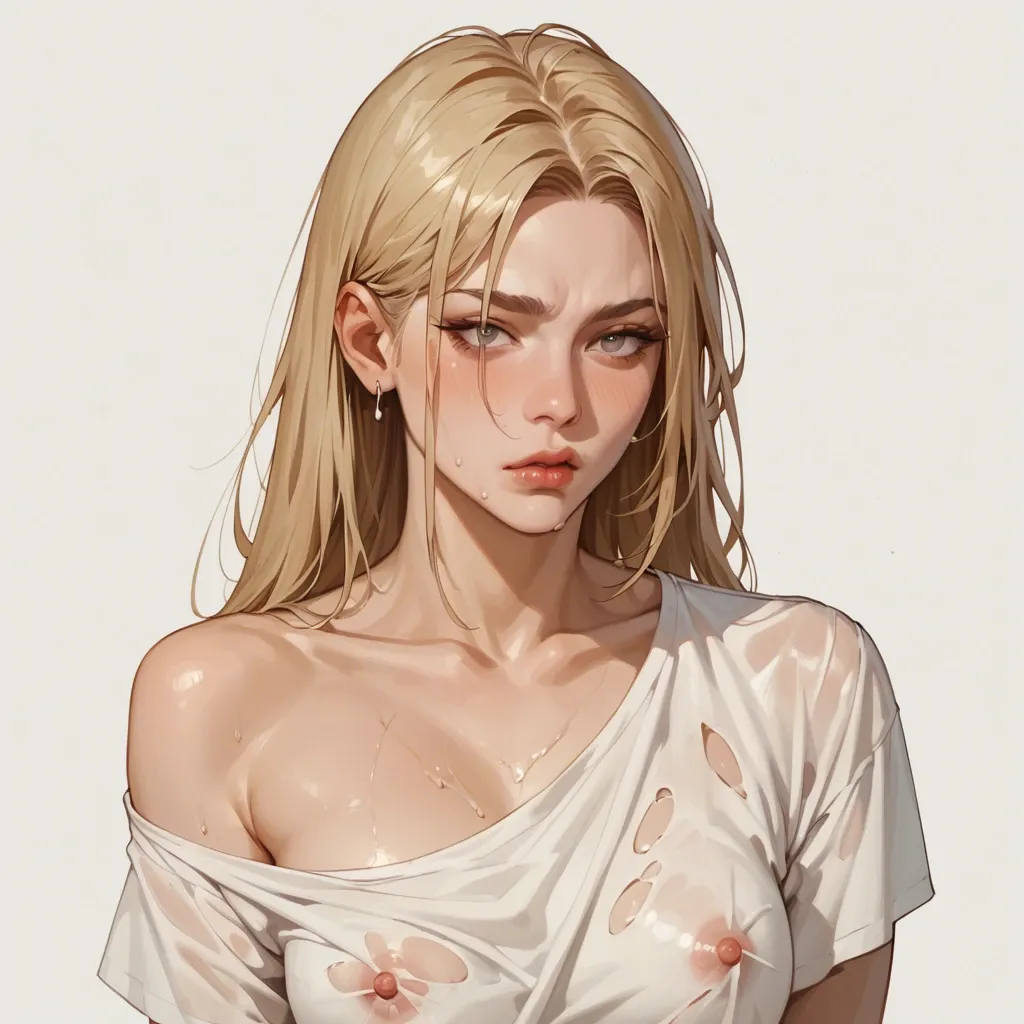 "An artistic portrayal of a confident and free-spirited woman symbolizing self-empowerment and resistance to societal constraints. The woman, with blonde hair, exudes a sense of independence as she wears an open white shirt, slightly slipping off one shoulder, revealing a sense of vulnerability and strength. Her attire includes delicate red lace lingerie that symbolizes confidence in embracing one's body, paired with a sheer red thong. The setting conveys an atmosphere of freedom, with soft, natural lighting accentuating her strong yet serene expression. The composition focuses on her body language, showcasing pride in her individuality and her resistance against societal expectations, embracing her form with dignity and grace. The image should evoke a sense of liberation and self-love, portraying a woman unapologetically owning her body an chosices