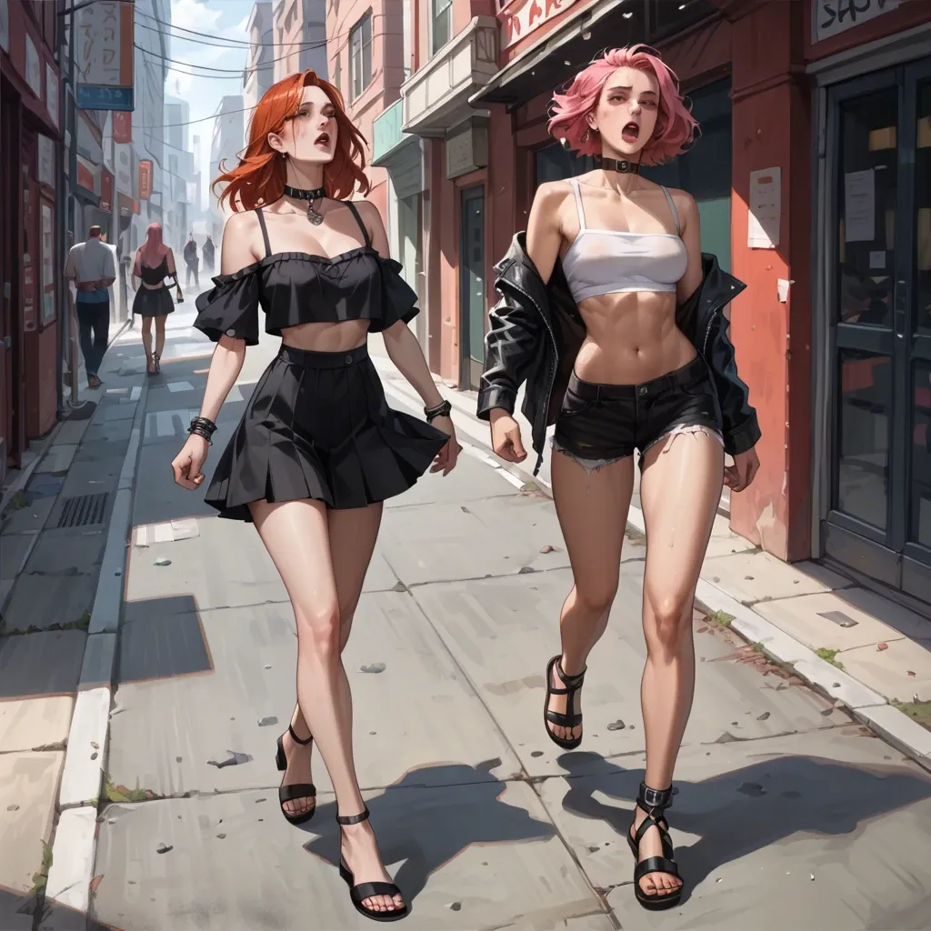 Goth, Redhead, Pink Hair, Sandals, Flat Sandals, Choker, Collar, Squirt, 2 girl, running make-up, hardcore