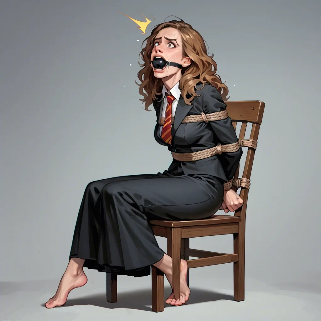 1girl, solo, Hermione Granger, black suit, long skirt, no shoes, sitting on chair, rope bondage, hogtied, ball gagged, shocked, screaming, ((face view))