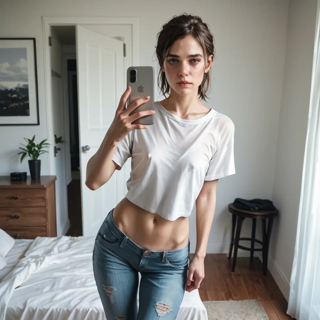 realistic,detailed,bedroom,ellie,youngfull,teeny,flat chest,skinny,petite,slim,dressed in printed oversized top shirt,tight jeans,standing selfie