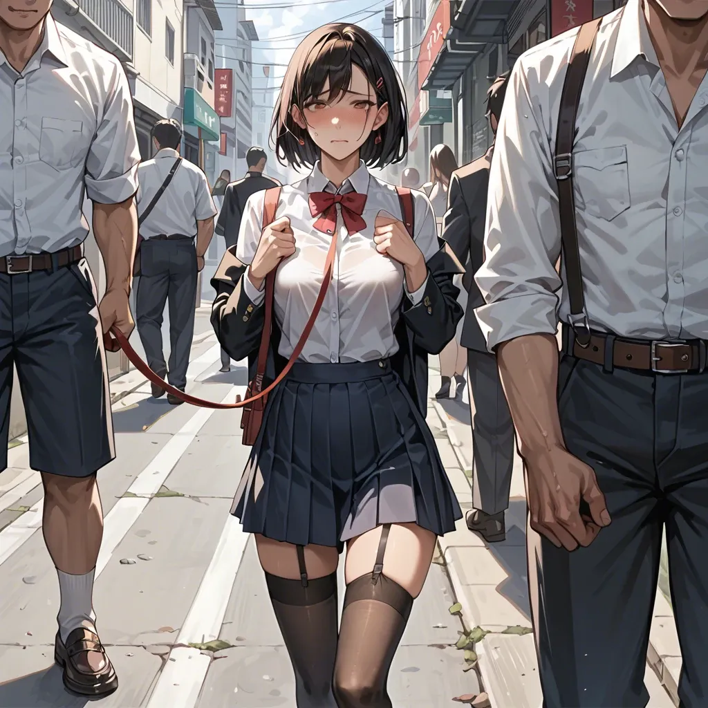 A Japanese schoolgirl in underwear and stockings is walked by a boy on the street by a leash in front of everyone and she has an embarrassed face