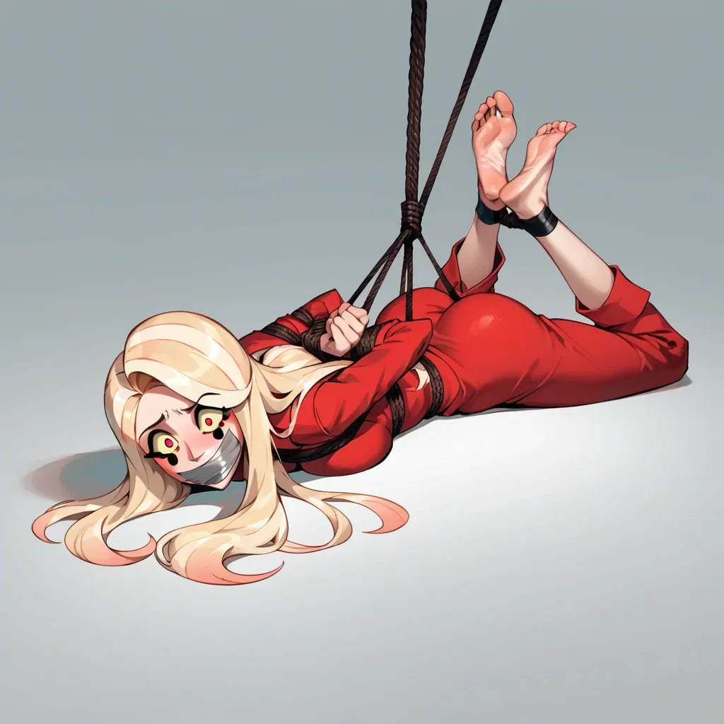 1girl, solo, Charlie Morningstar \(Hazbin Hotel\), red suit, red pants, barefoot, laying on stomach, rope bondage, hogtied, hands behind the back, tape gagged, shocked, screaming, ((face view))