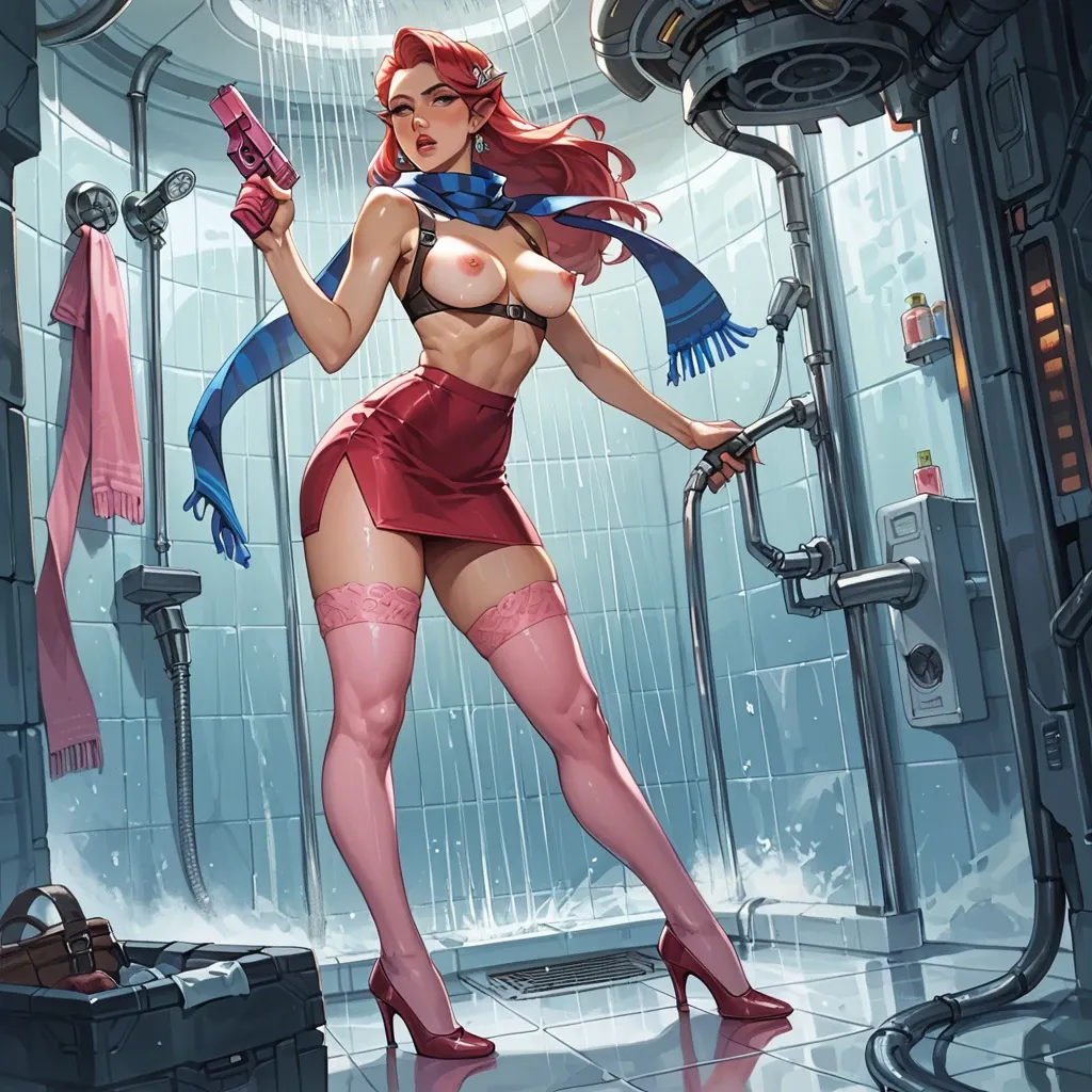 1girl,solo, , , , high cheekbones,handgun,pink nipples,thin waist,knee-high socks, pencil skirt,pink stockings,scarf,undersized bra,heels, glass shower, blake, spaceship, cyborg girl, zelda, ariel waifu, ariel waifu