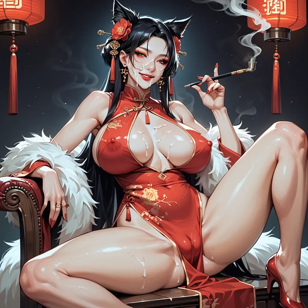 Kitsune, oriental, sitting, cum on face, spread legs, camel toe, beautiful, smiling, erect nipples, huge massive tits, smoking, smoking pipe, smoking a pipe, makeup, jewelry, chinese dress, illustrated, artwork, painted