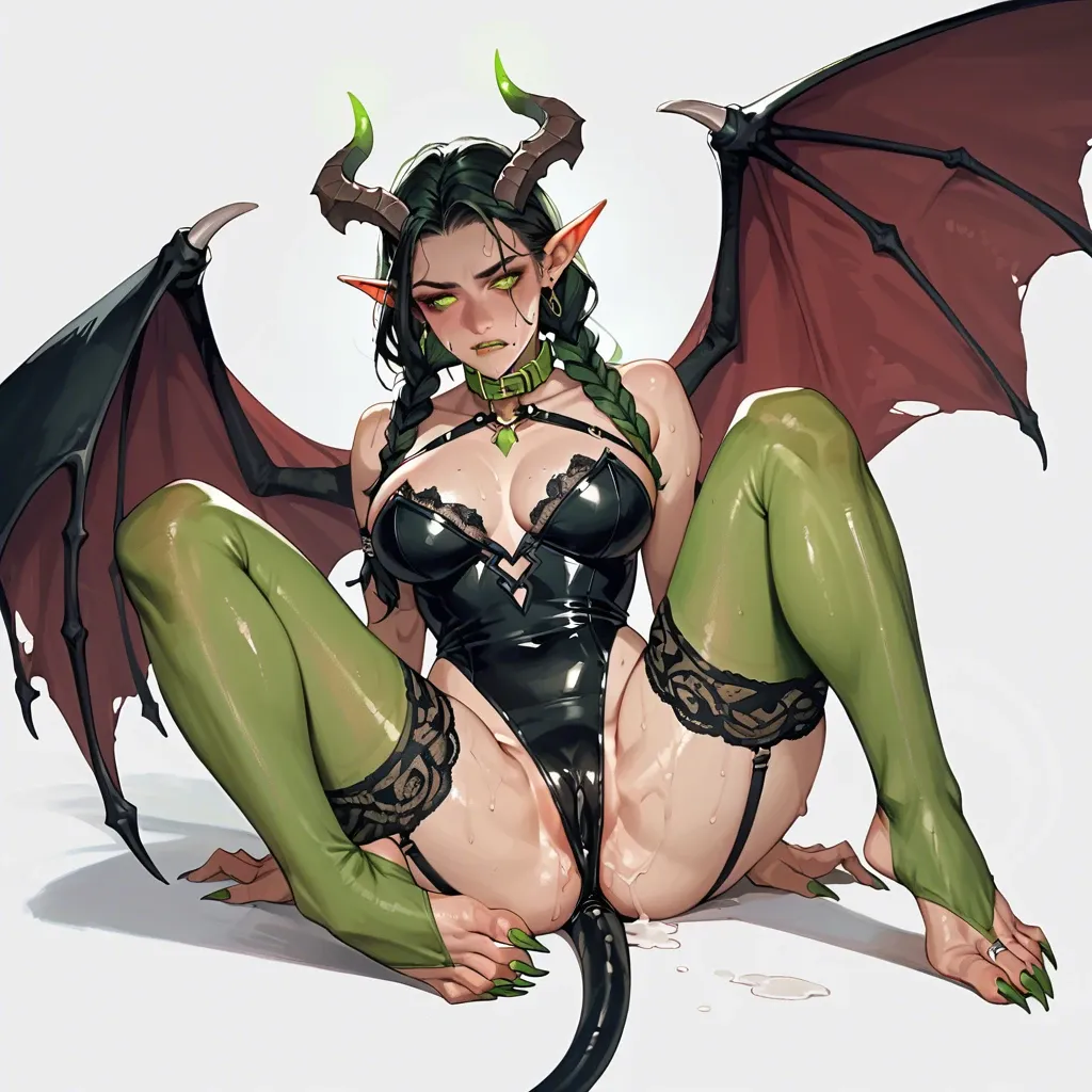 female gargoyle succubus hybrid, wings, horns on head, braided hair, elf ears, playfully bitting lip, dripping wet crotch, demon tail, black lace leotard, green stockings holes for toes, toes are claws, glowing green collar, glowing green wrist cuffs, glowing green ankle cuffs, orgasm, glowing red eyes,  squatting, hands on knees,  spreading knees,, (human face, not furry:1.2),,