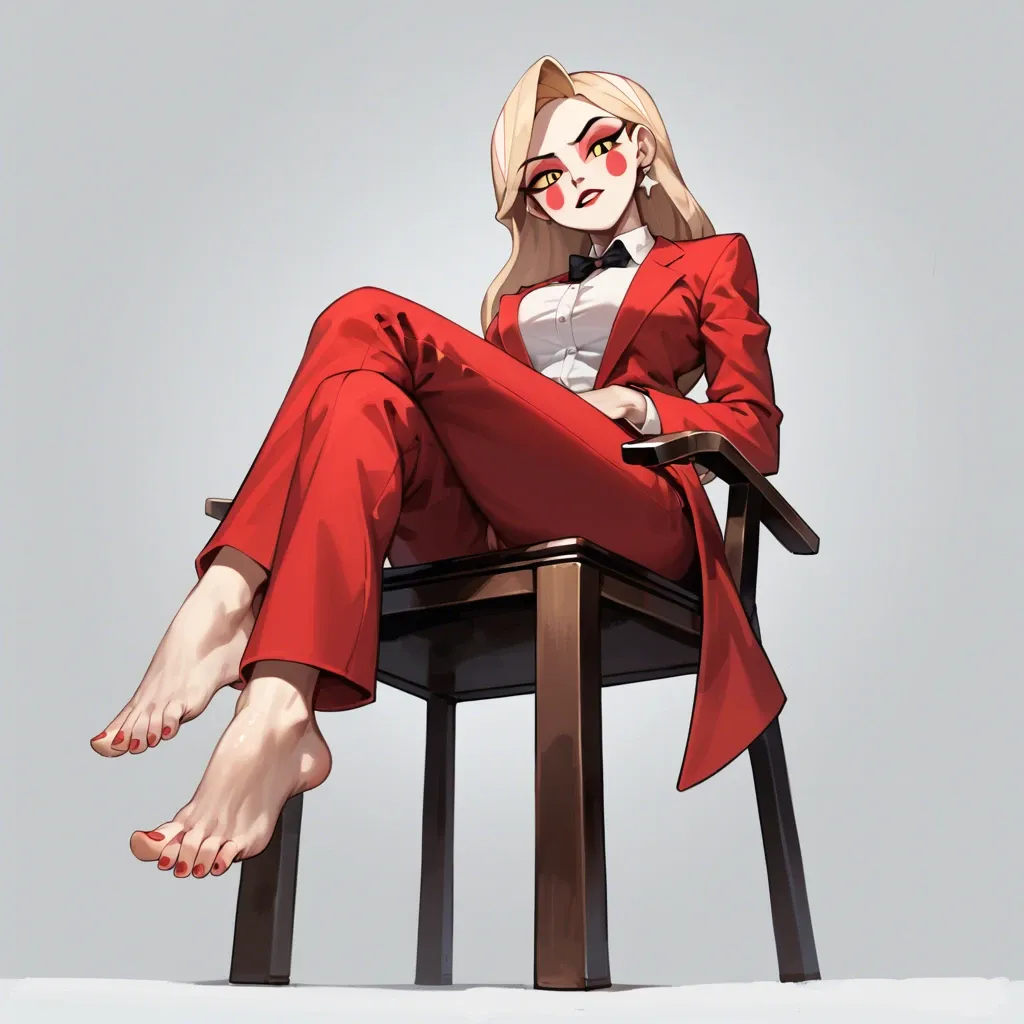 1girl, solo, Charlie Morningstar \(Hazbin Hotel\), red suit, red pants, barefoot, sitting on chair, showing feet, looking at viewer, teasing, soles focus, ((from below))