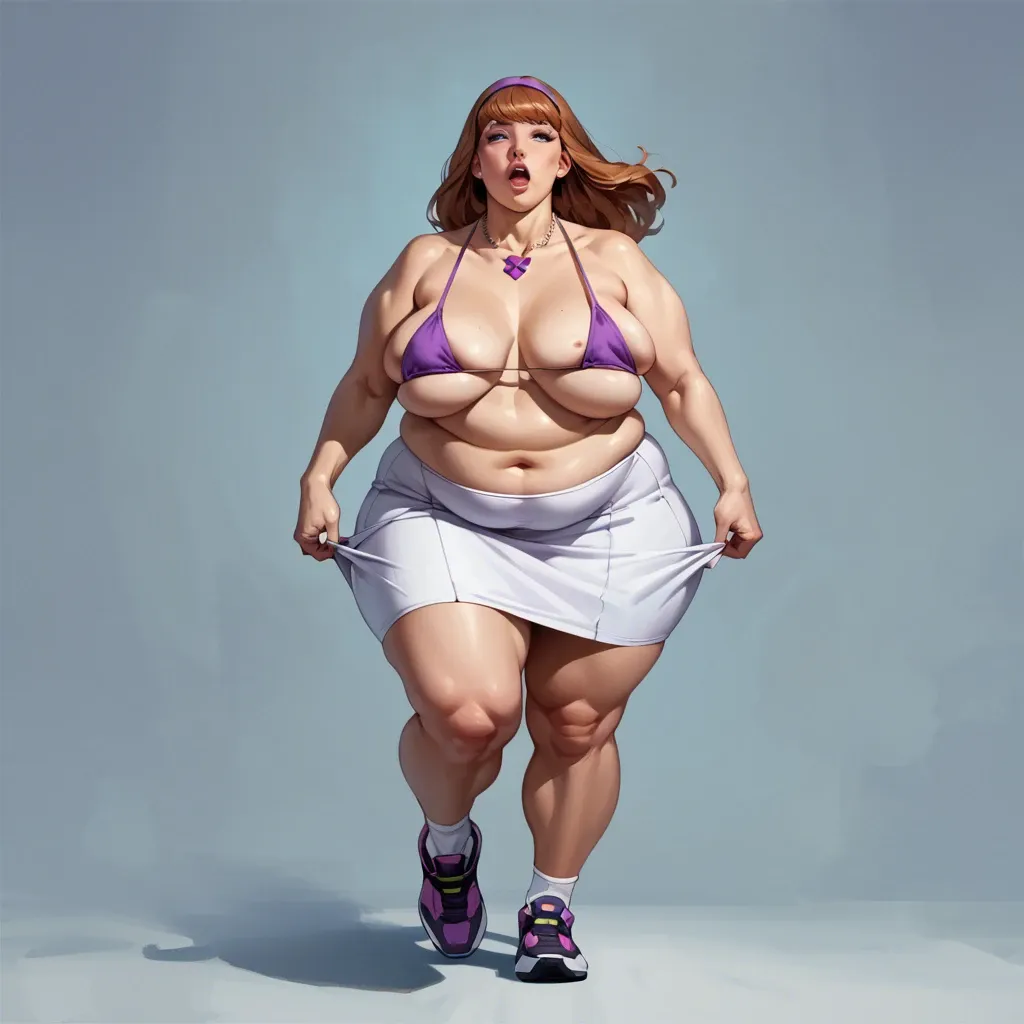 1girl,solo, , , , mouth open,fat obese arms,saggy breast,grab,wide shoulders, white skirt,white lace,heart necklace,bikini pull,running shoes, bedroom eyes, daphne blake, cyberpunk, ultra detailed, backlit,  futa