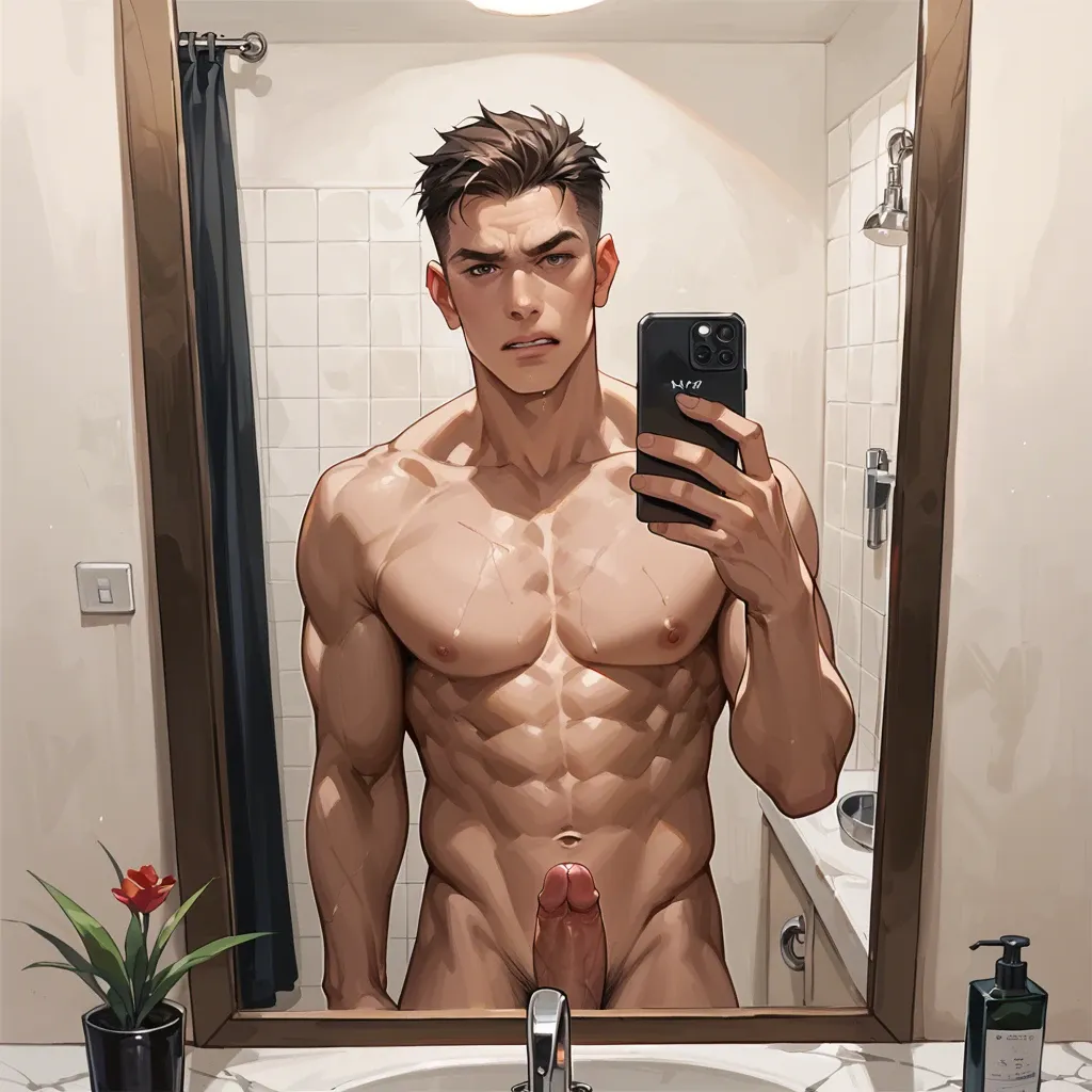 a boy with a really long and thick penis selfie in the mirror