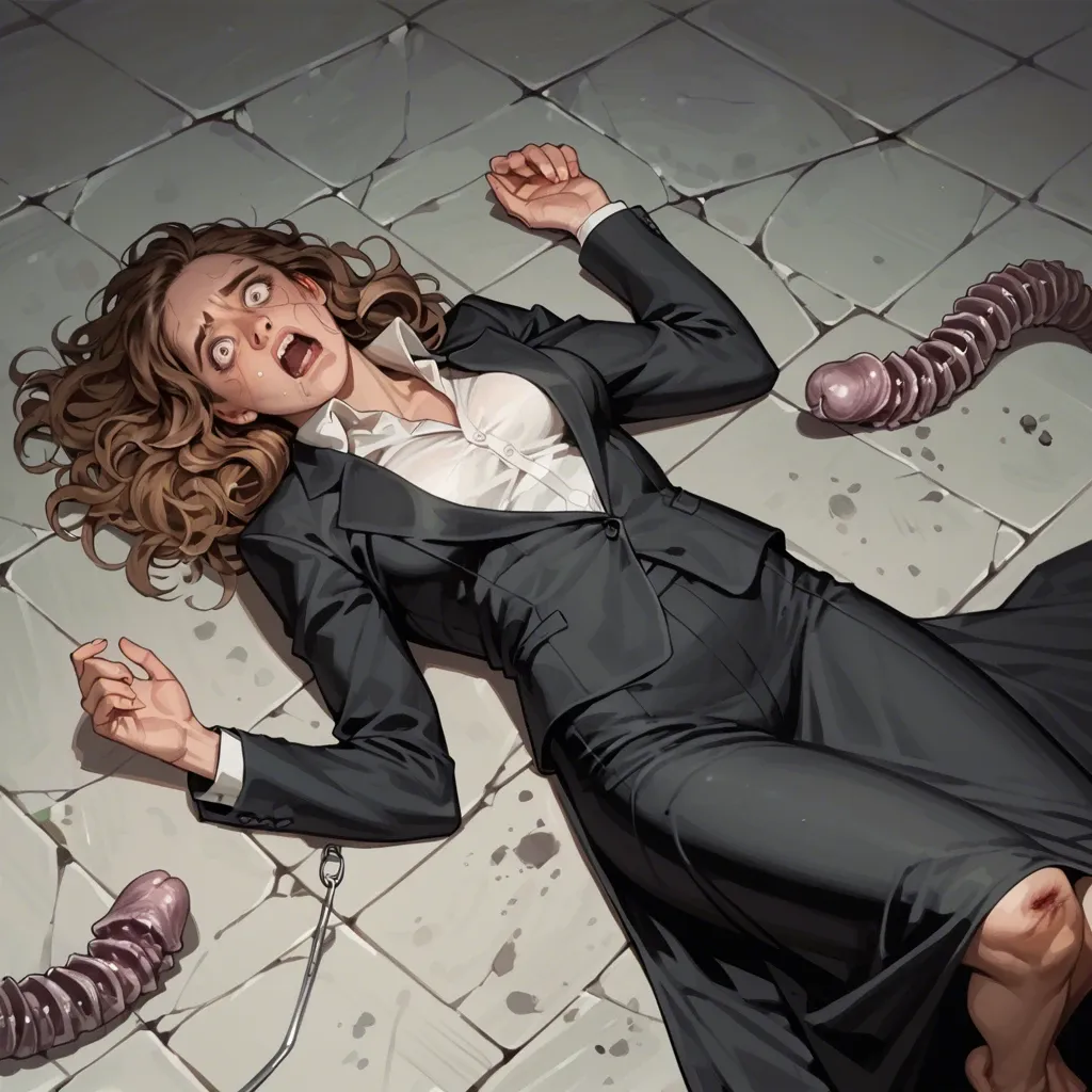 1girl, solo, Hermione Granger, black suit, long skirt, no shoes, laying on spine, curled up, defending, beaten up, shocked, screaming, ((from above))