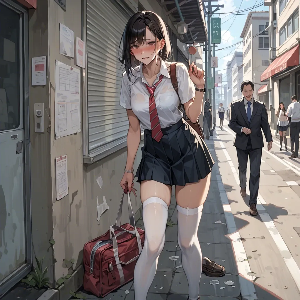 Japanese schoolgirl in white underwear and stockings is walked on the street by a leash in front of everyone and her embarrassed face is covered in sperm