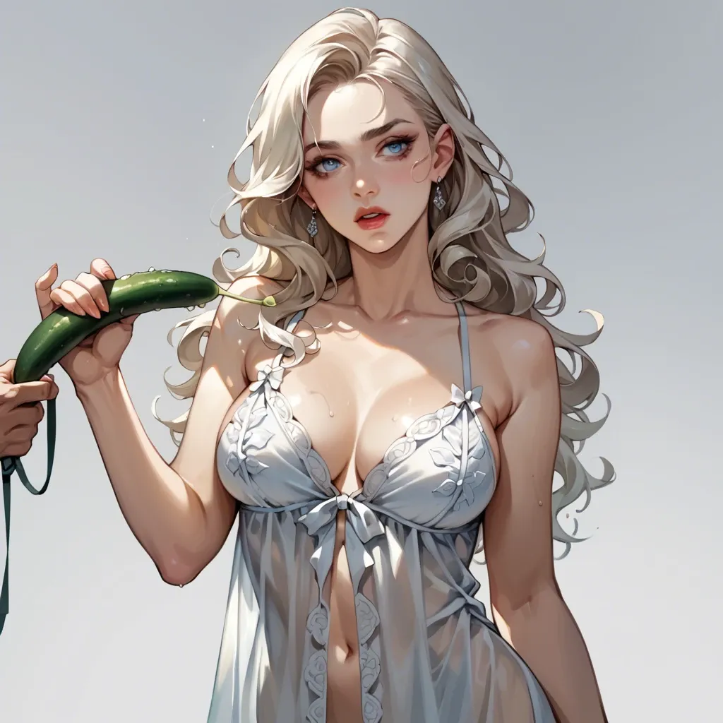 1 girl, Beautiful innocent sweets pretty girl, dark blue eyes, platinum blonde curly long hair, F-cups breasts, silk nightgown, holding and sucking cucumber, bedroom