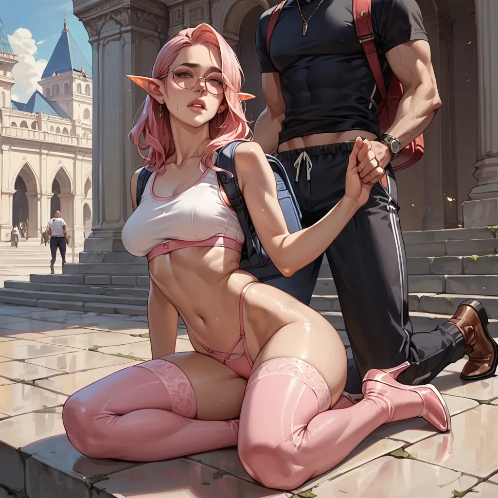 1girl,1boy, , , , nose ring,ankles,firm breasts,backpack,bare shoulders, shirt lifted up,pink stockings,circle glasses,lingerie,high heels, crop top,elf palace,highleg panties,sports bra,thigh boots, living room, sunny in forest, spaceship, shelf, link, spider-gwen, waifu