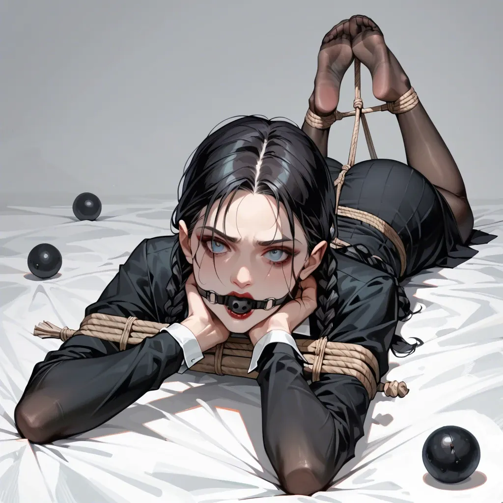 1girl, solo, Wednesday Addams \(Wednesday\), full clothes, black pantyhose, long skirt, no shoes, laying on stomach, rope bondage, hogtied, hands behind the back, black ball gag, looking at viewer, feet focus, ((from above))