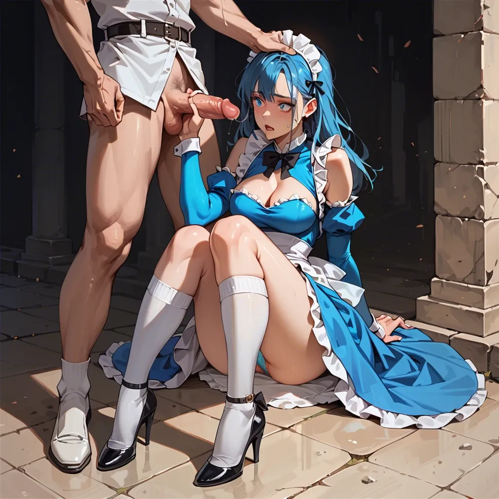 1girl,1boy, , , , lustful eyes,hand on head,firm breasts,narrow hips,buried knees, arching,high heel,cleavage cutout,adorable,bare shoulders, maid dress,knee-high socks,panties down,blue bodysuit,ballet shoes, blue dress,black lace bra,wet panties,pink leotard,boots, office dress,elf palace,panties,panties on,shoes, club setting, subway, medieval prison, camera, leash, tifa lockhart, waifu