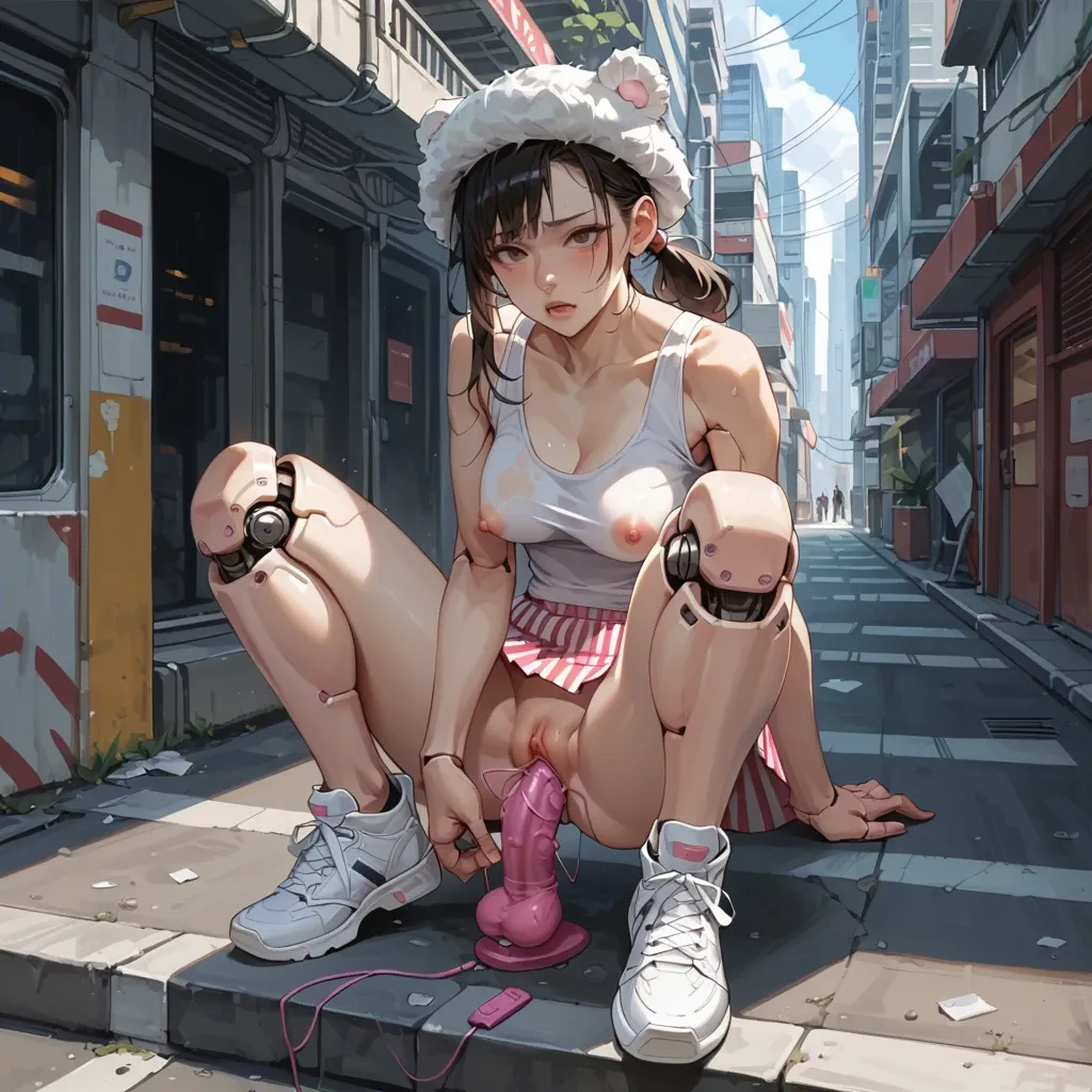 1girl,solo, , , , balls on nose,hands,pink nipples,breasts visible,doll joints, tight tank top,striped skirt,fur hat,leotard aside,white sneakers, street, spaceship, vibrator, magic dildo, anime a, dark skin male, spider-gwen, hinata hyuuga