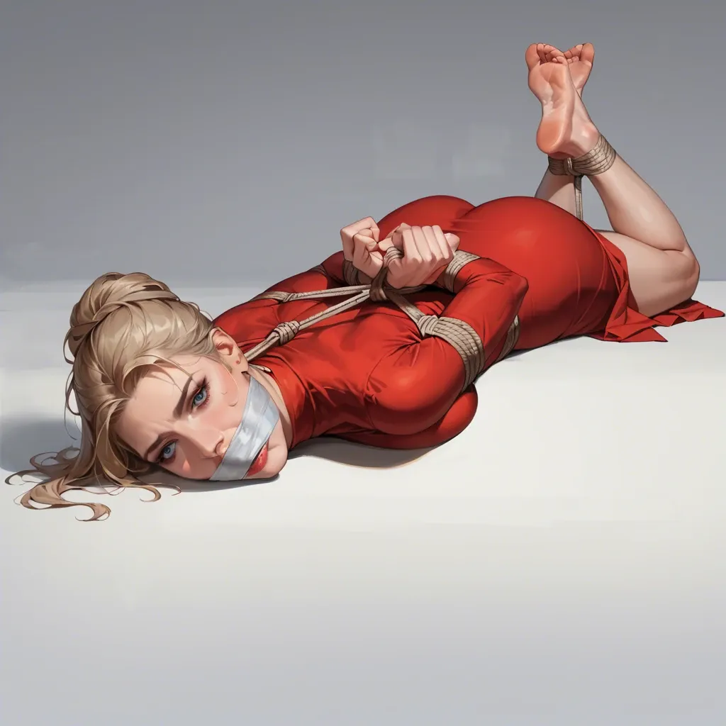 1girl, solo, Cersei Lannister \(Game of Thrones\), (40 years old), milf, red dress, barefoot, laying on stomach, rope bondage, hogtied, hands behind the back, wrap gag, looking at viewer, ((face view))