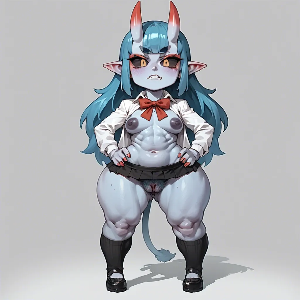 chibi, oni girl,blue skin,tail, micro skirt,open shirt, black sclera,flat saggy chest,huge nipples,dark nipples,huge hips,fat ass,massive pussy,excessive hairy,puffy anus, huge anal gape, low angle