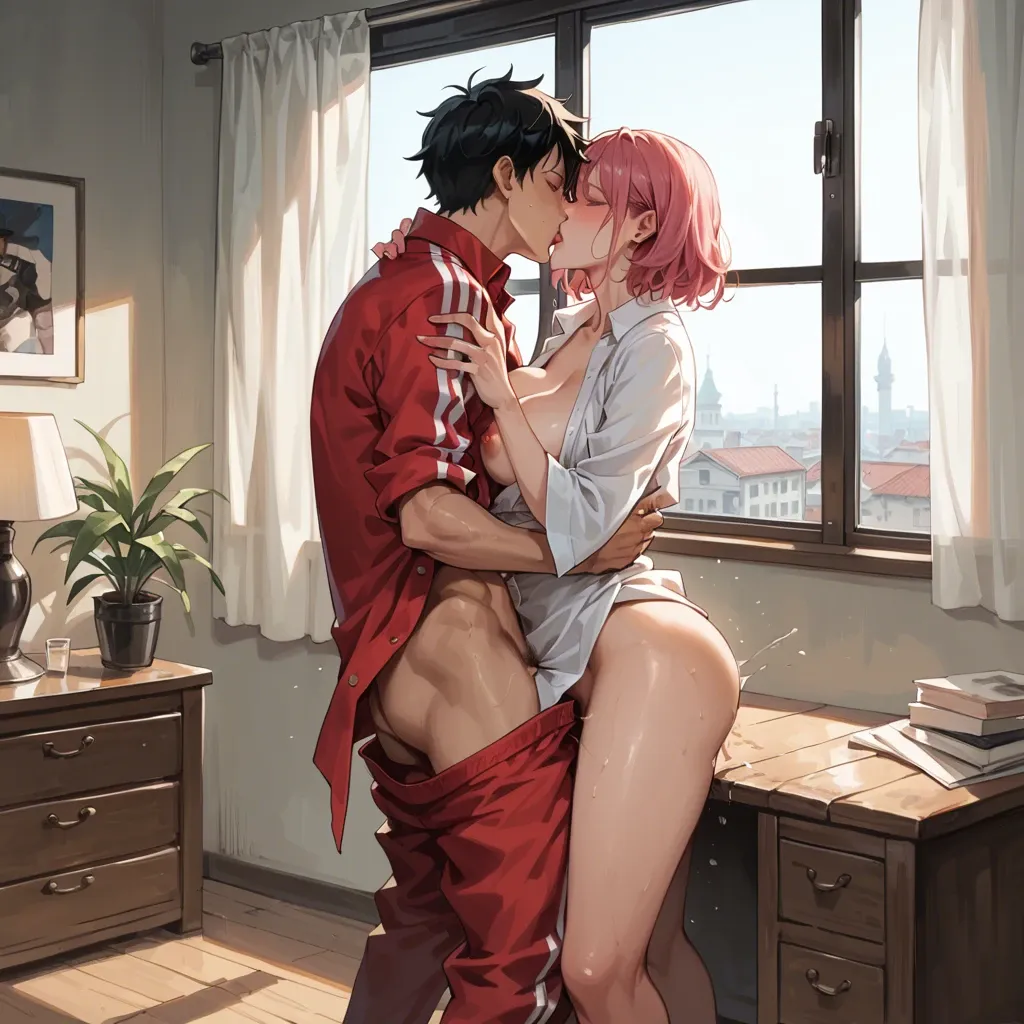 1 guy, luffy, outfit, reiju, 1 girl, pink hair , bob hair, (laced flaky white buttoned robe), standing doggy style sex, groping boobs, large boobs, turn back kiss , bedroom window, 1 milf , creampie,  white robe, pulling arm