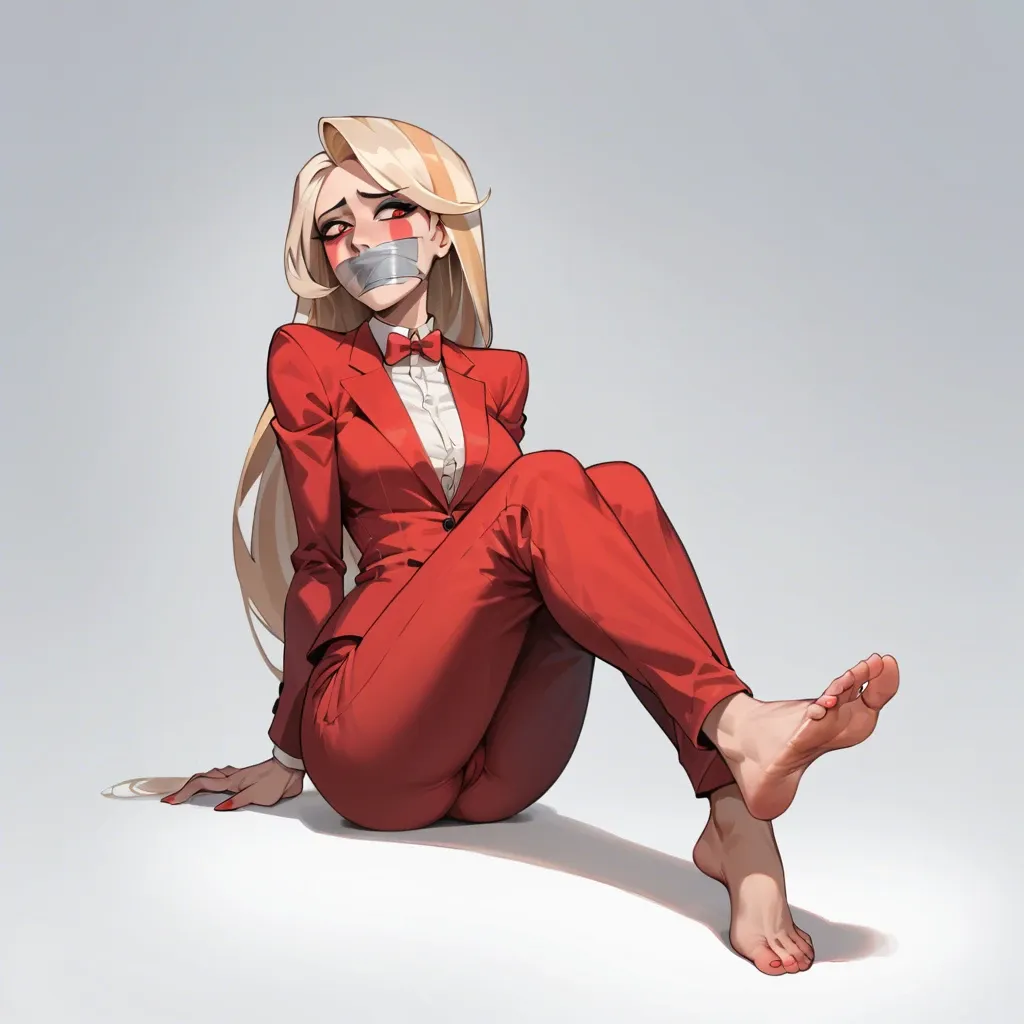 1girl, solo, Charlie Morningstar \(Hazbin Hotel\), red suit, red pants, barefoot, sitting on butt, showing soles, tape gagged, sad, ((front view))