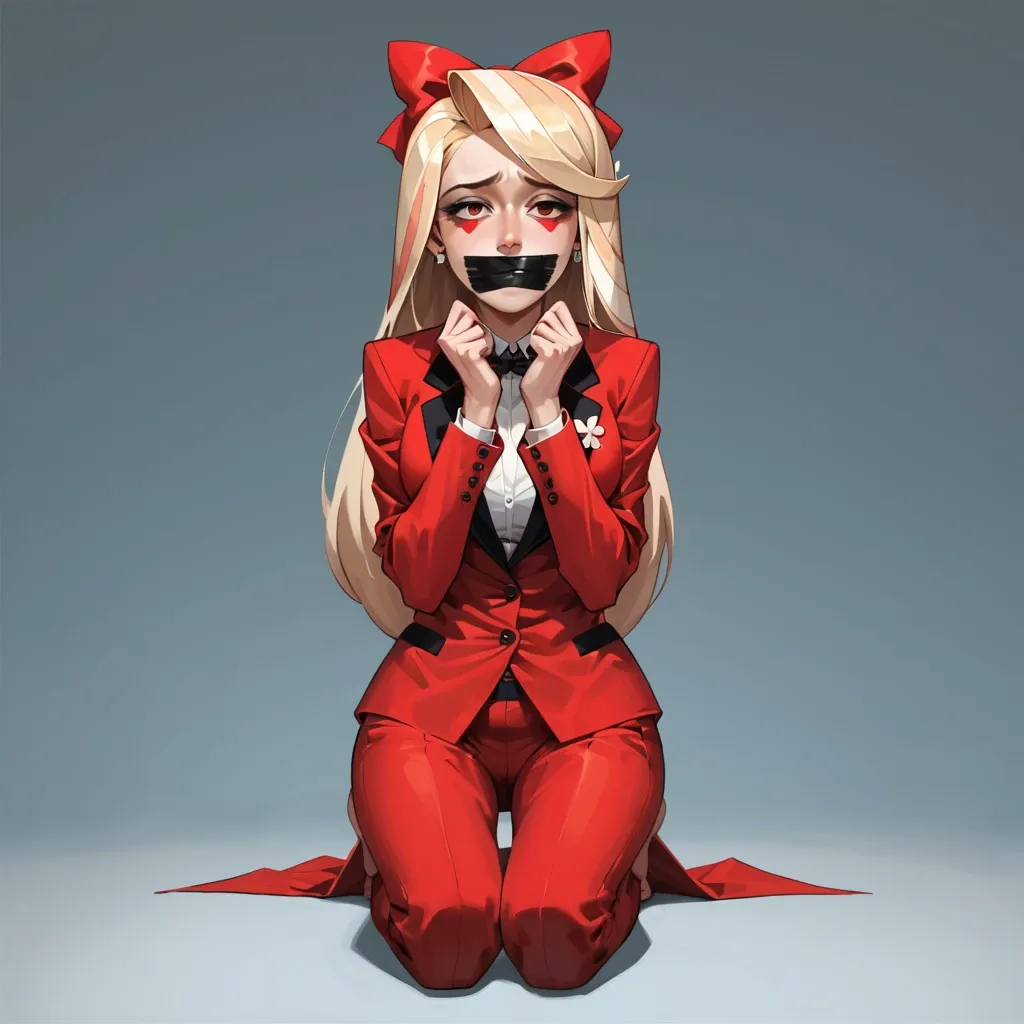 1girl, solo, Charlie Morningstar \(Hazbin Hotel\), red suit, red pants, barefoot, kneeled, hands up, head bowed, tape gagged, sad, ((front view))