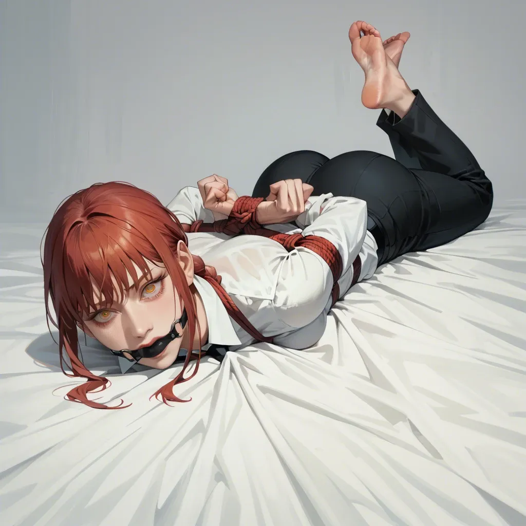 1girl, solo, 4K, ultra realistic, Makima \(Chainsaw Man\), shirt, black trousers, barefoot, laying on stomach, rope bondage, hogtied, ball gagged, hands behind the back, looking at viewer, shocked, screaming, ((face view))