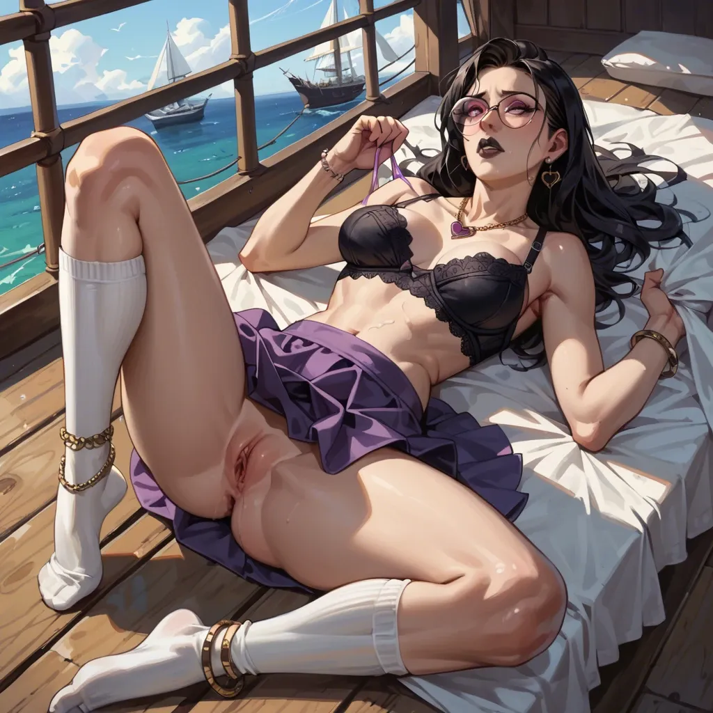 1girl,solo, , , , black lips,anklets,hard nipple,ship deck,ankle, hypnotic eyes,knee-highs,round tits,grabbing sheets,heart necklace, purple dress,white socks,glasses,mini skirt bra,armored boots, parking, cyberpunk, illustration, low light, wonder woman, ariel waifu