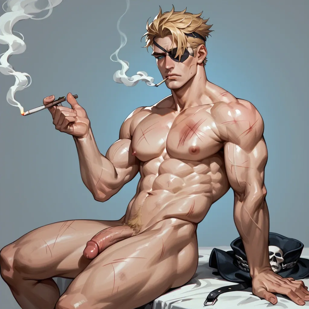 handsome man, white skin, blonde hair, 30 years old, long wolf hairstyle, athletic body, patches on face, patches on body, smoking, naked, deep blue eyes, sad face, many body scratches, sitting, medium dick, unbuttoned white shirt, gold accesories, gold gloves, view from above, mastubating, sitting on the floor, long messy hair