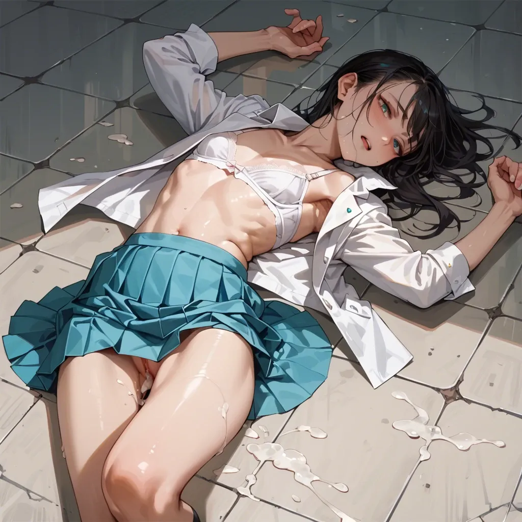 Schoolgirl in turquoise skirt, white uniform, white bra, flat chest, lying on floor dripping with cum