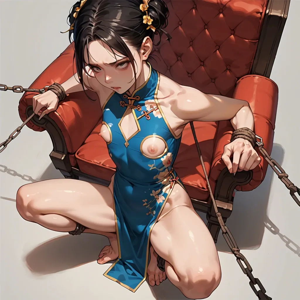 1girl,solo, , , , china dress,hands bound,thick nipples,grabs,golden necklace, crouching,arms tied,flat chest,view from above,bare shoulder, bewitching,armchair,flat chest,waist,thin ankle, floral dress,socks,collarbone,undersized bra,brown boots, bara, public park, spaceship, headphones, hyperrealistic, nightclub, princess zelda, disney princess, ariel waifu