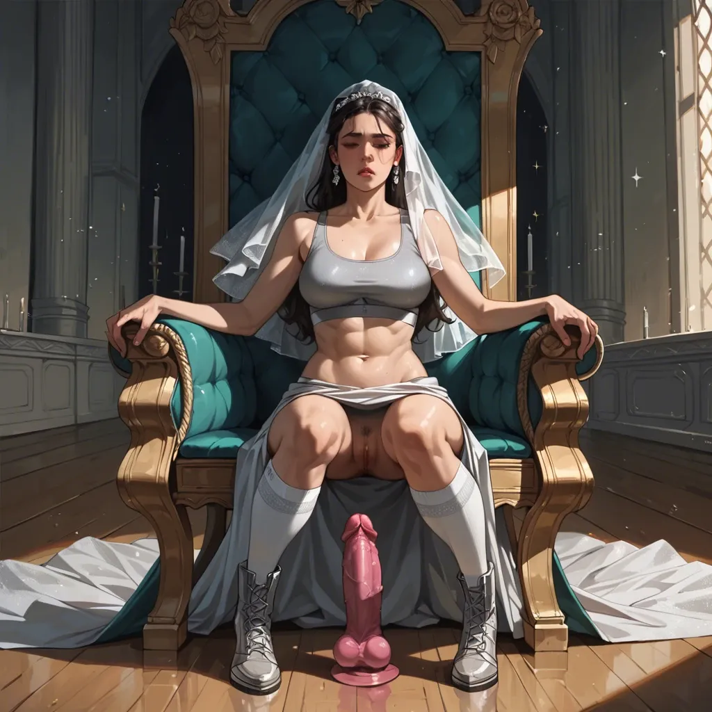 1girl,1boy, , , , rosy cheeks,hands,big perky boobs,navel hair,on her knees, silk gown,knee socks,veil,gray sports bra,boots, sparkle, throne room, floating dildo, spider-gwen, miku hatsune