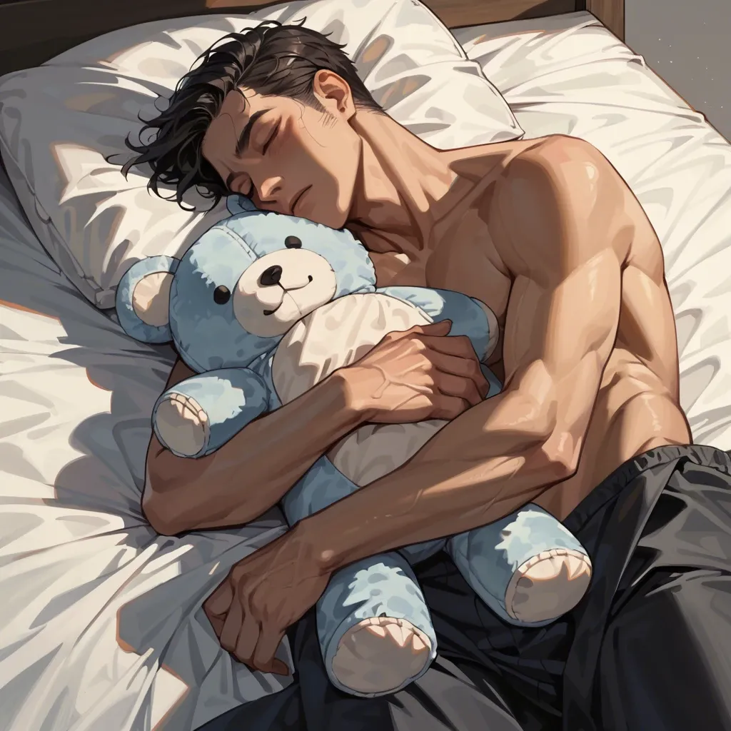 1boy,solo,,, laying down, sleeping, curled up, cuddling plushie, peaceful, laying on bed, good anatomy, high quality.