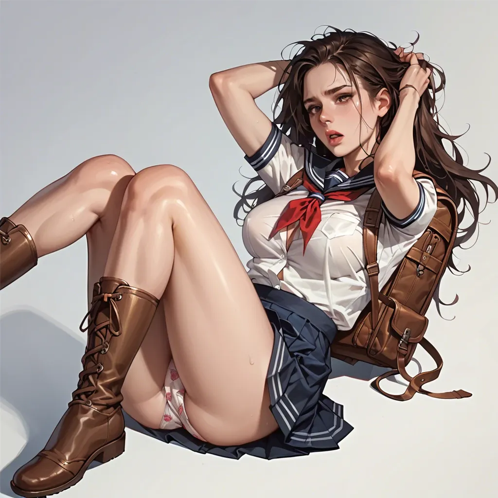 1girl,solo, , , , cute nose,legs in air,large breast,backpack,knees up, open lips,hands in hair,firm breasts,grab,knee up, tied shirt,leggings,cape,print panties,brown boots, school uniform,knee-high socks,tied up,frilled panties,black sneakers, bathroom stall, waterfall, cyberpunk, hands on table, lying on a bed, samus, spider-gwen