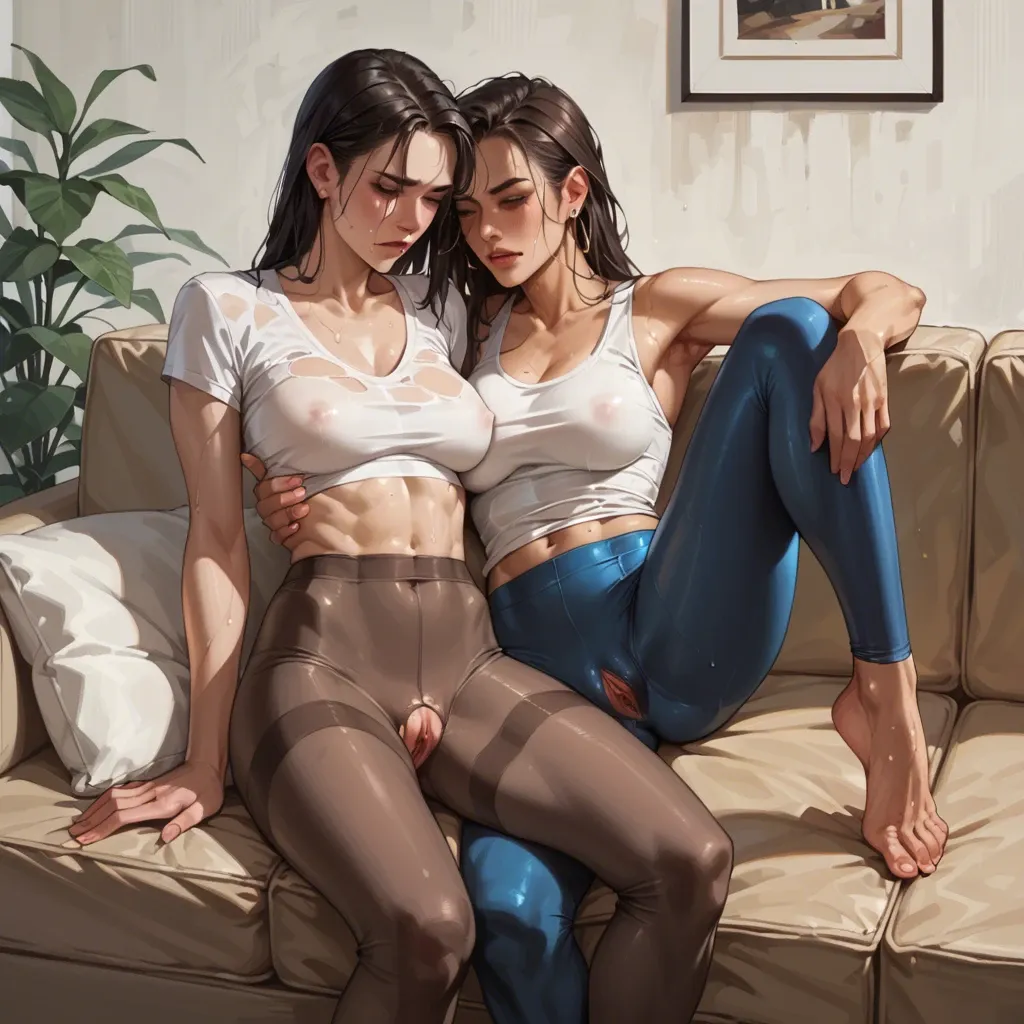 Lesbian, two girls, spread wide, sofa, tight pant, wet pussy, , face sitting