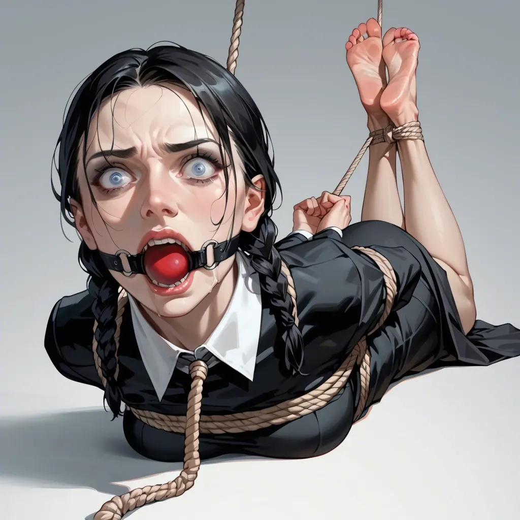 1girl, solo, Wednesday Addams \(Wednesday\), black dress, high socks, laying on stomach, rope bondage, hogtied, ball gagged, hands behind the back, looking at viewer, shocked, screaming, ((face view))