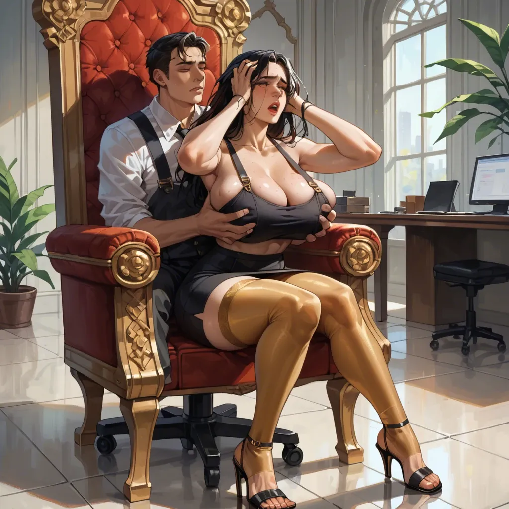 1girl,1boy, , , , freckled,hands in hair,huge breast,hips grab,wide shoulders, black crop top,gold stockings,suspenders,thongs,sandals, office dress, airfield, throne room, robot body, anime artwork, bright sunlight, mario, elsa, dynamic pov